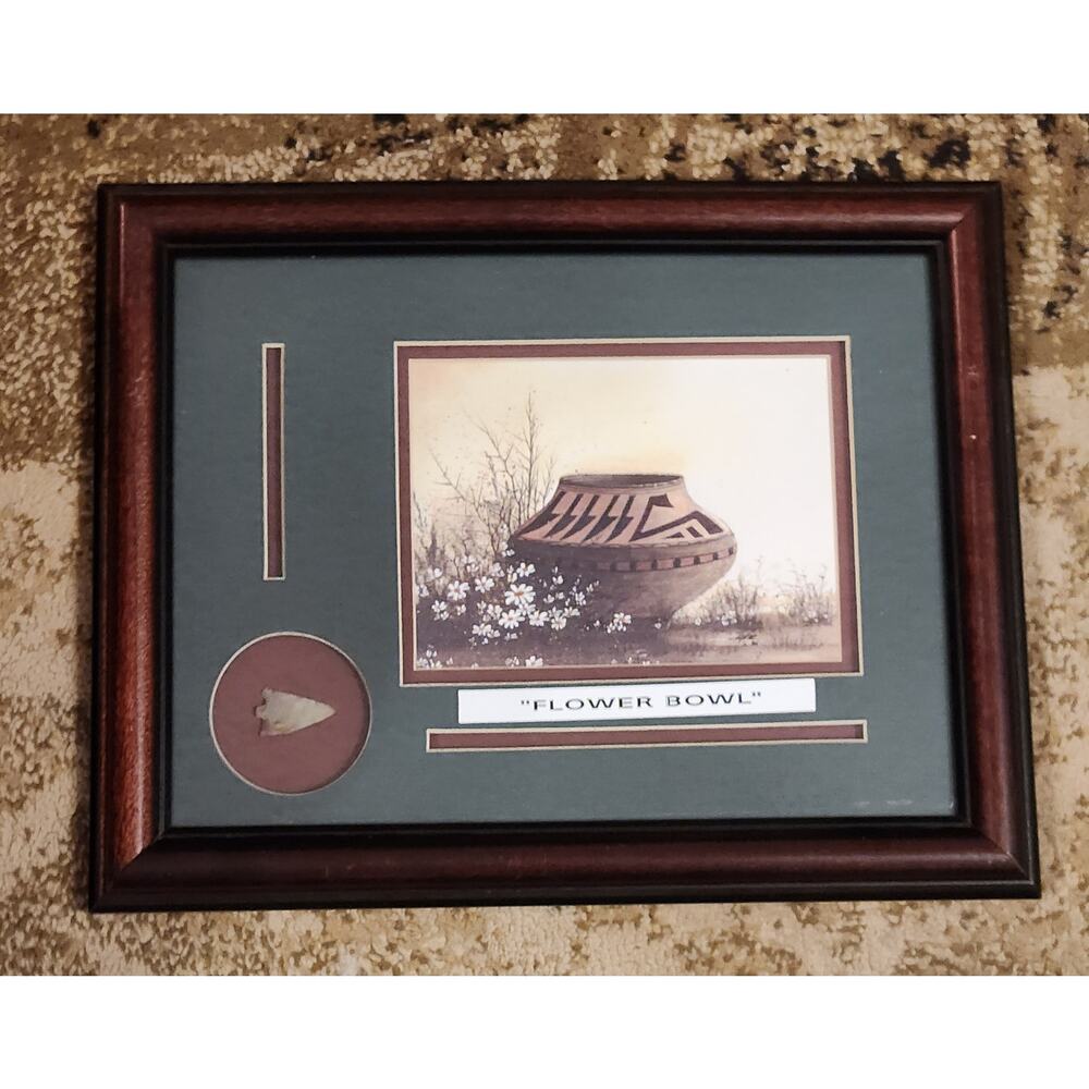 Native American Real Arrow Head and Matted Painting Framed Flower Bowls